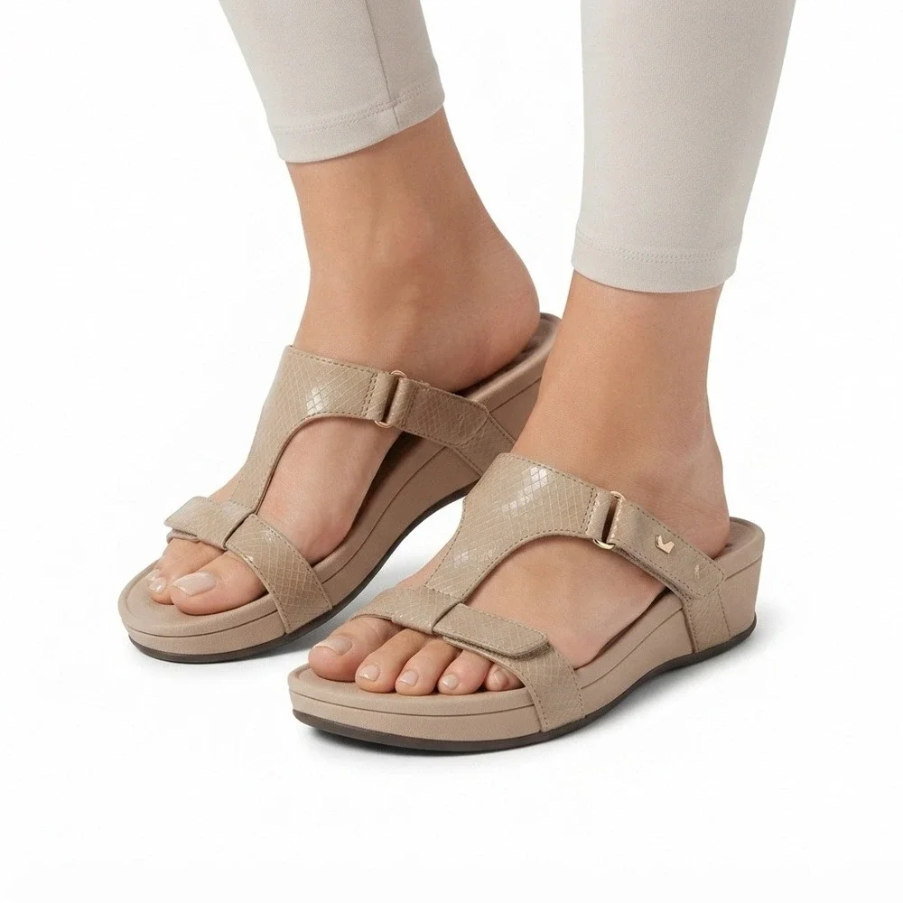 Vionic Sandals Womens 10 Wide Ellie Tan Snakeskin Wedge  TVW5489 Comfort Shoes